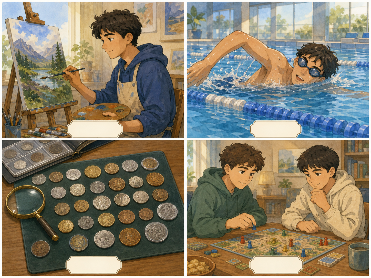 Four watercolor panels show painting, swimming, collecting coins, and playing a board game together.
