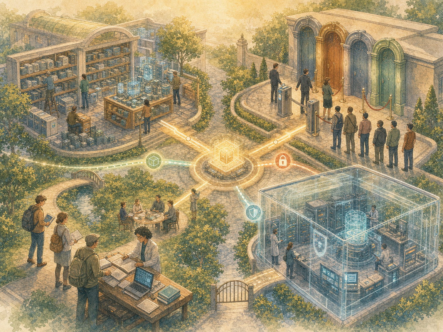 Open components, paid gates, a secure sandbox, and public researchers connect to one advanced AI core.