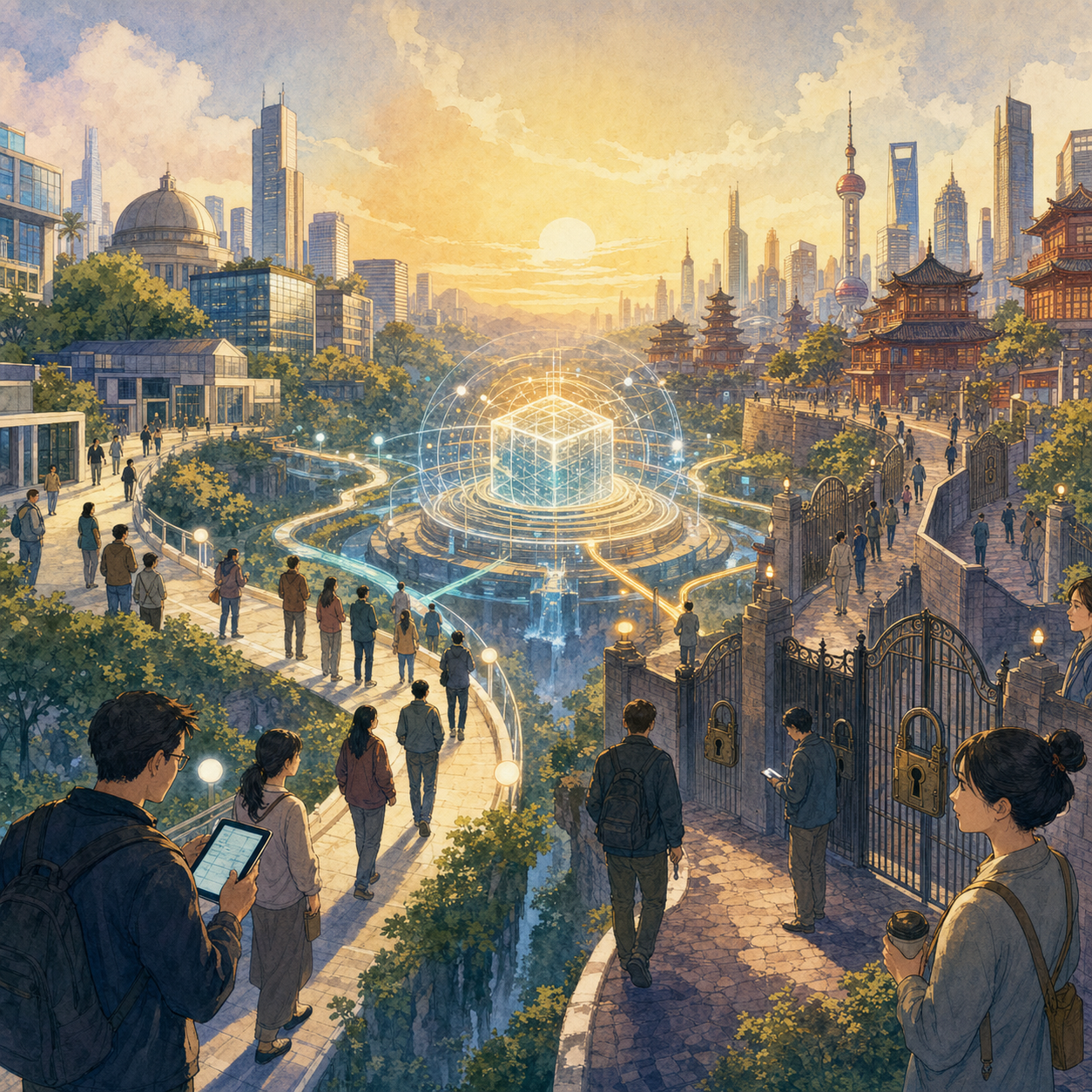 A luminous AI core stands between open pathways and locked gates in two technology districts.