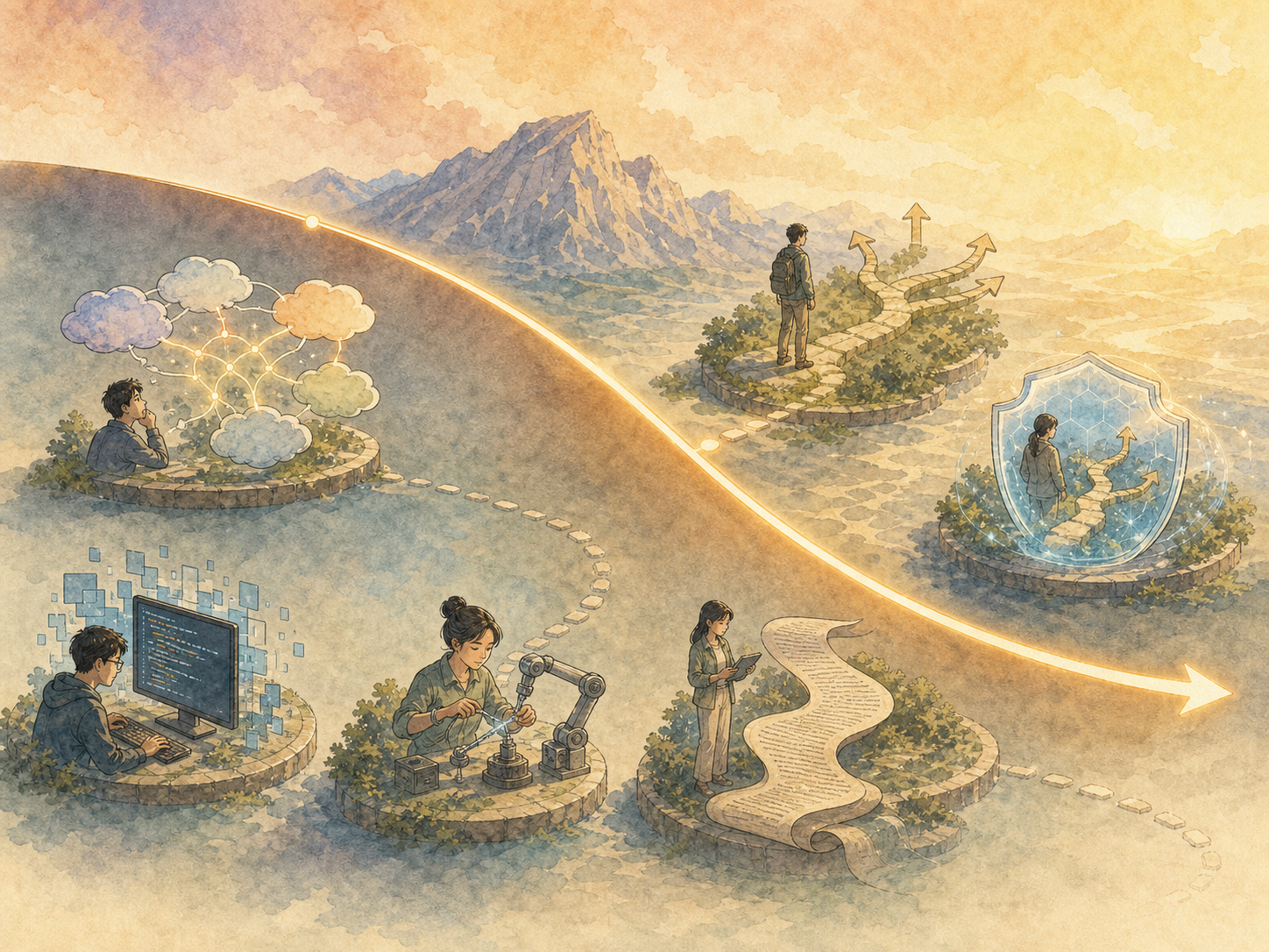 Six capability scenes sit around a glowing frontier line that moves toward new possibilities.