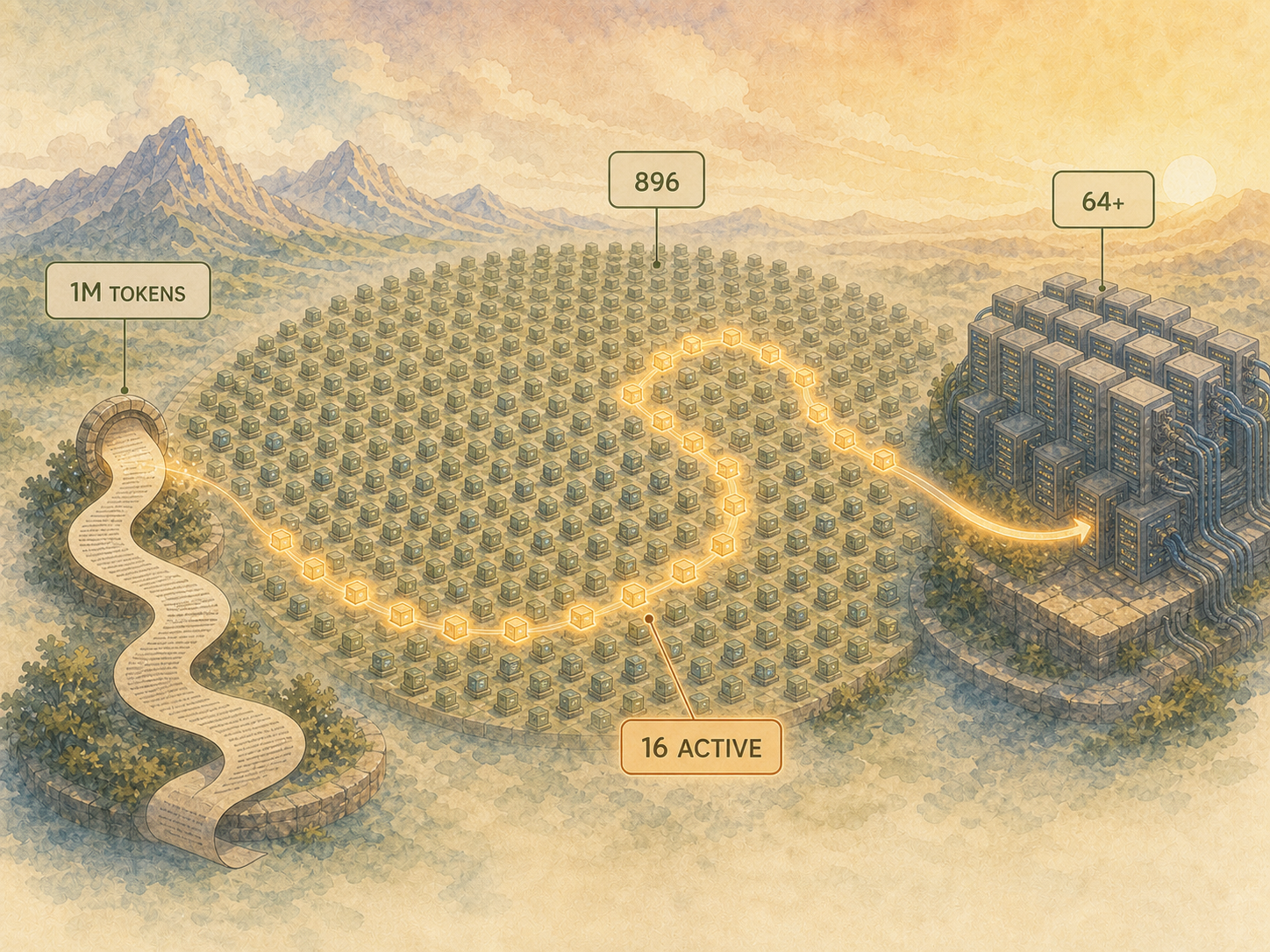 A long document passes through many expert modules, with 16 active, toward a cluster of more than 64 accelerators.