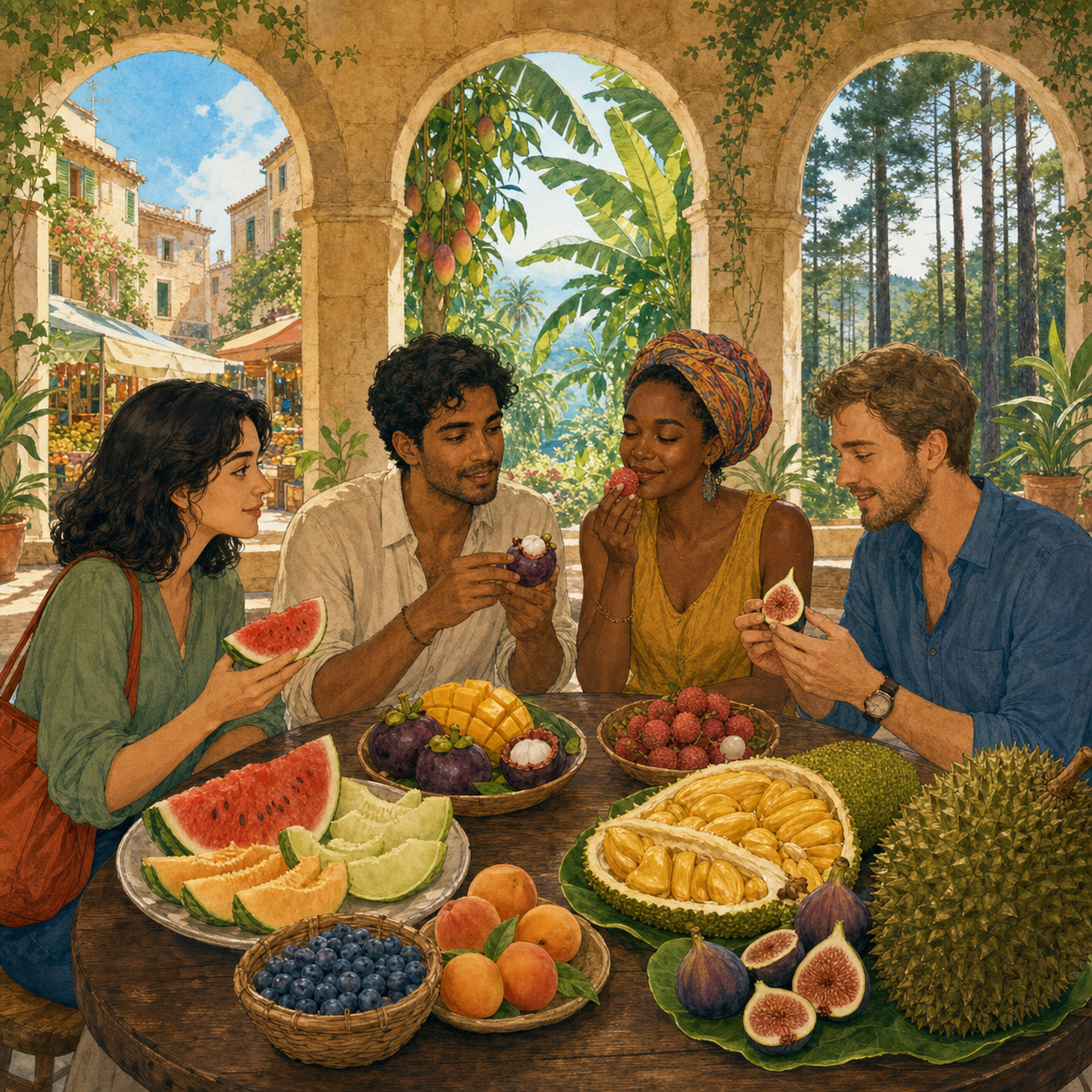 Four adults compare a table full of summer fruits in a courtyard with a market, tropical orchard, and pine forest beyond.