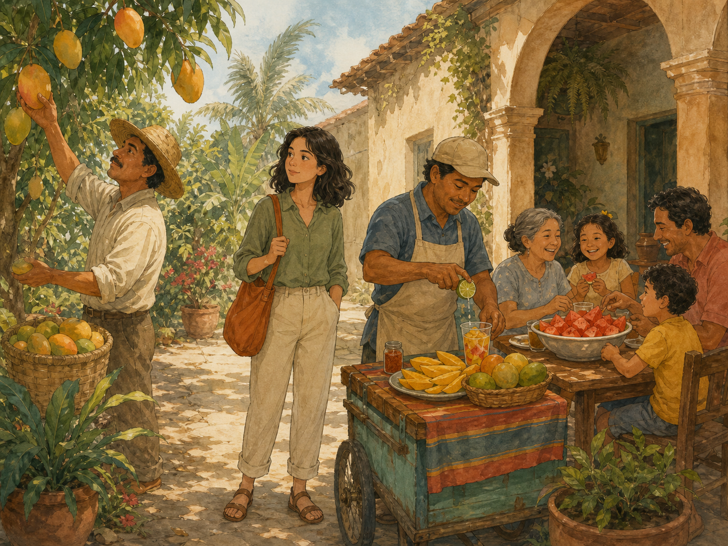 A learner watches fruit being picked from a tree, prepared at a cart, and shared by a family at a table.