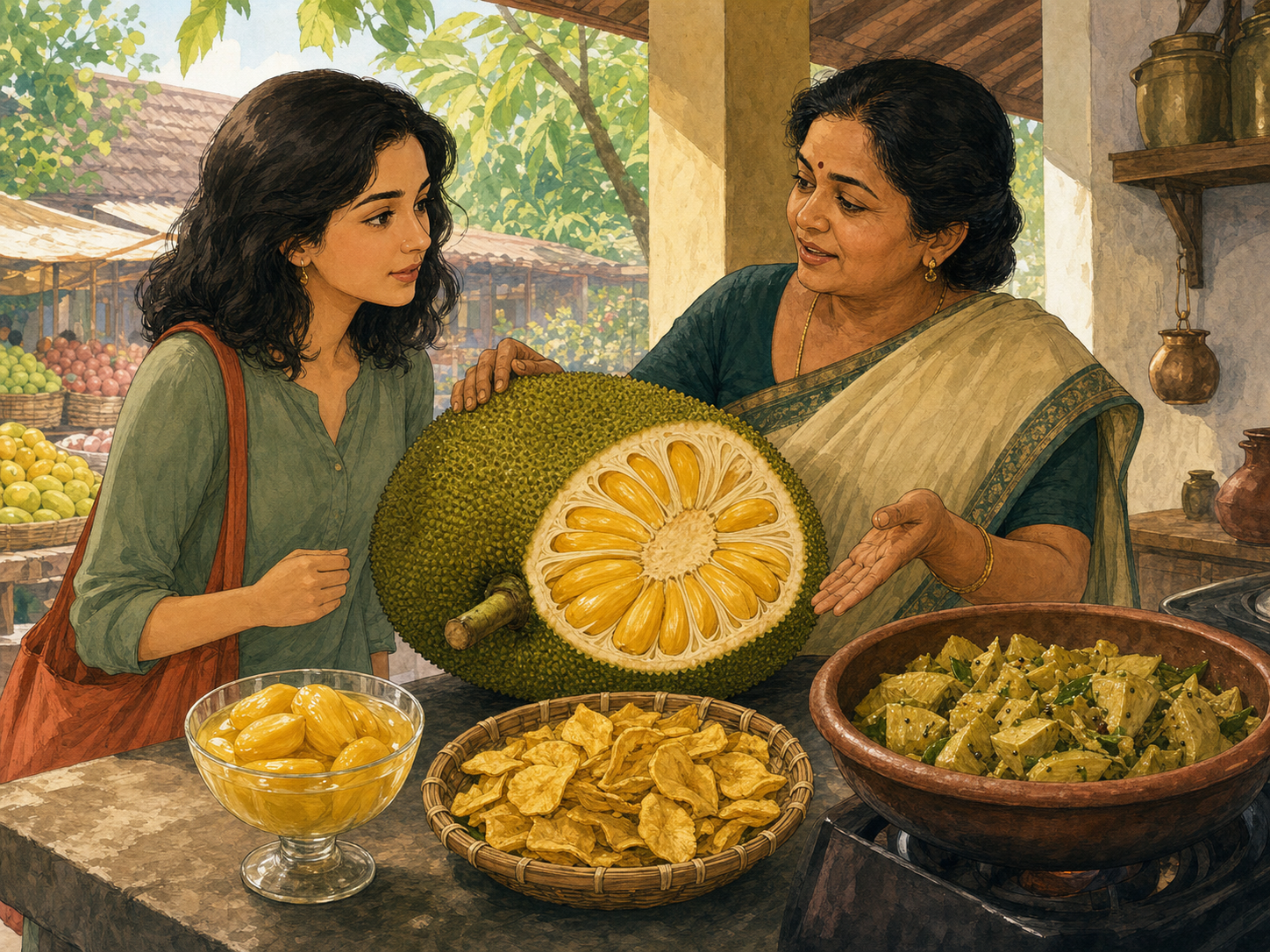A cook shows a learner an opened jackfruit beside ripe pods in syrup, jackfruit chips, and a savoury jackfruit dish.