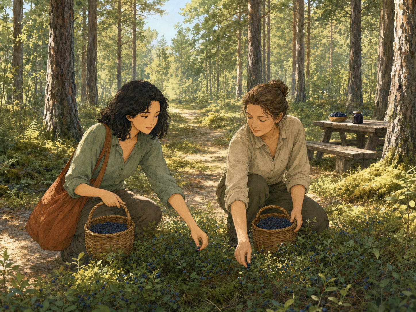 Two women pick wild blueberries into wicker baskets in a sunlit pine forest.