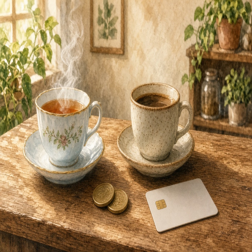 Cafe counter with a tea cup, a coffee cup, coins, and a payment card under warm window light.