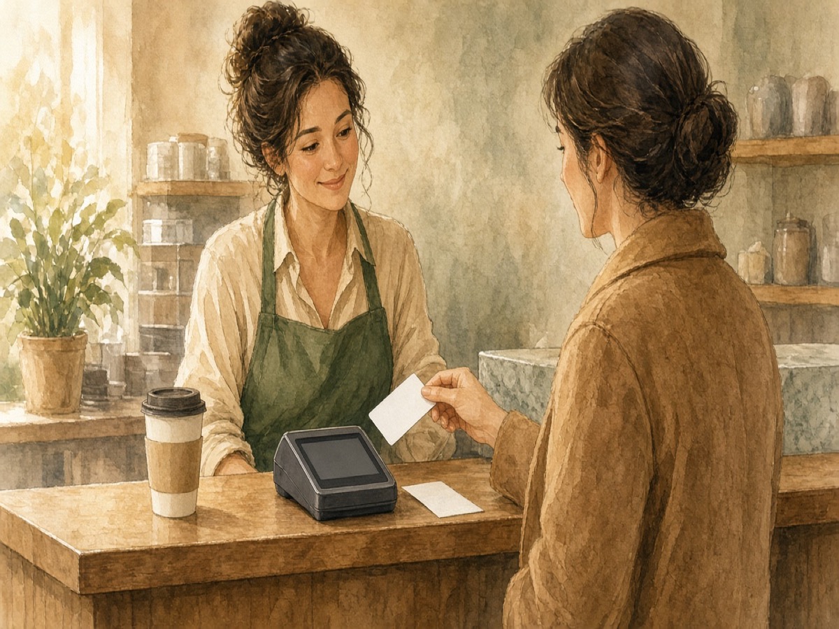 Customer pays by card at a cafe counter while barista Mara holds a small coffee and a receipt.