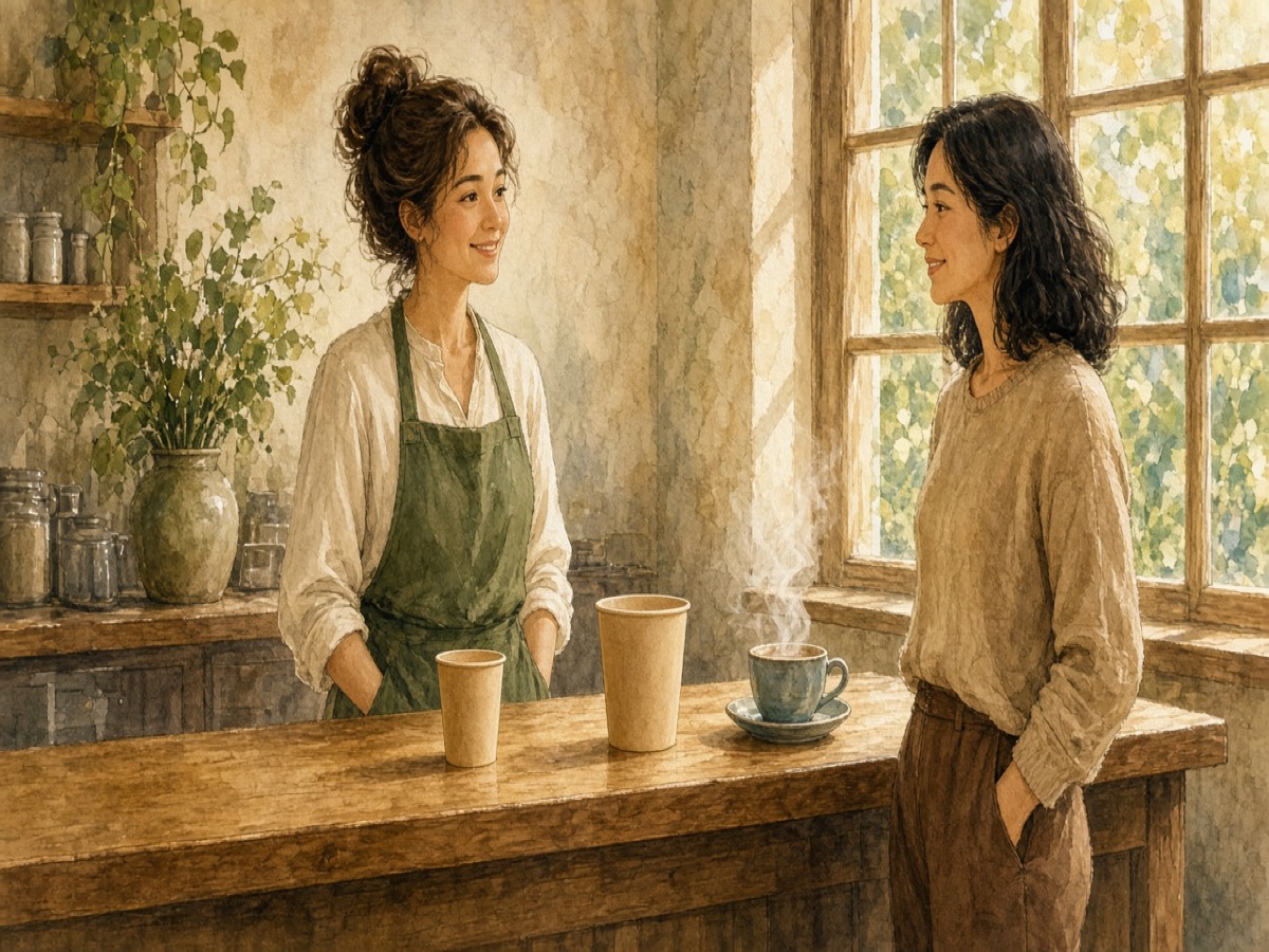 Customer and barista Mara at a cafe counter with a small cup, a large cup, and steaming tea.