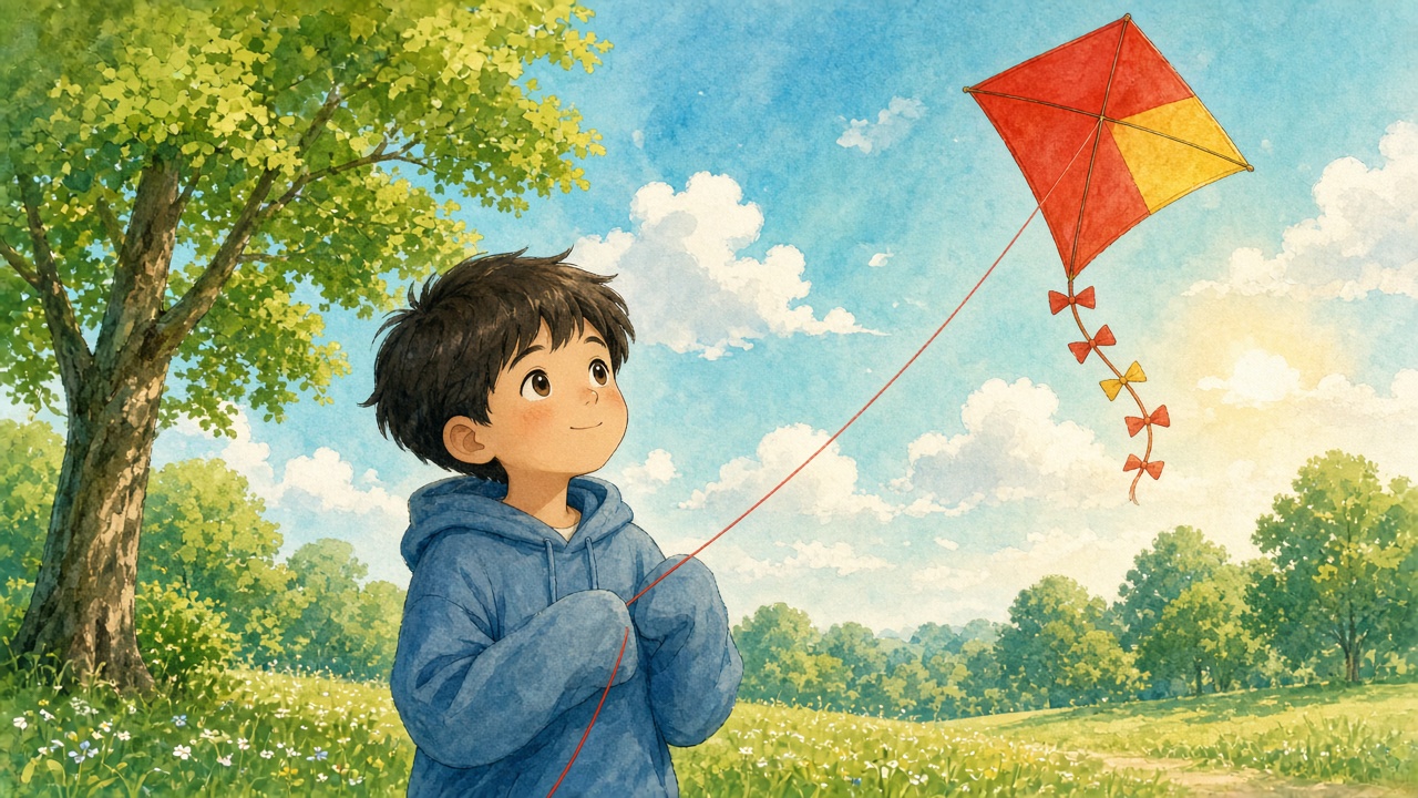 A young boy in a sunny park looks up at a bright red kite flying near a tall green tree.