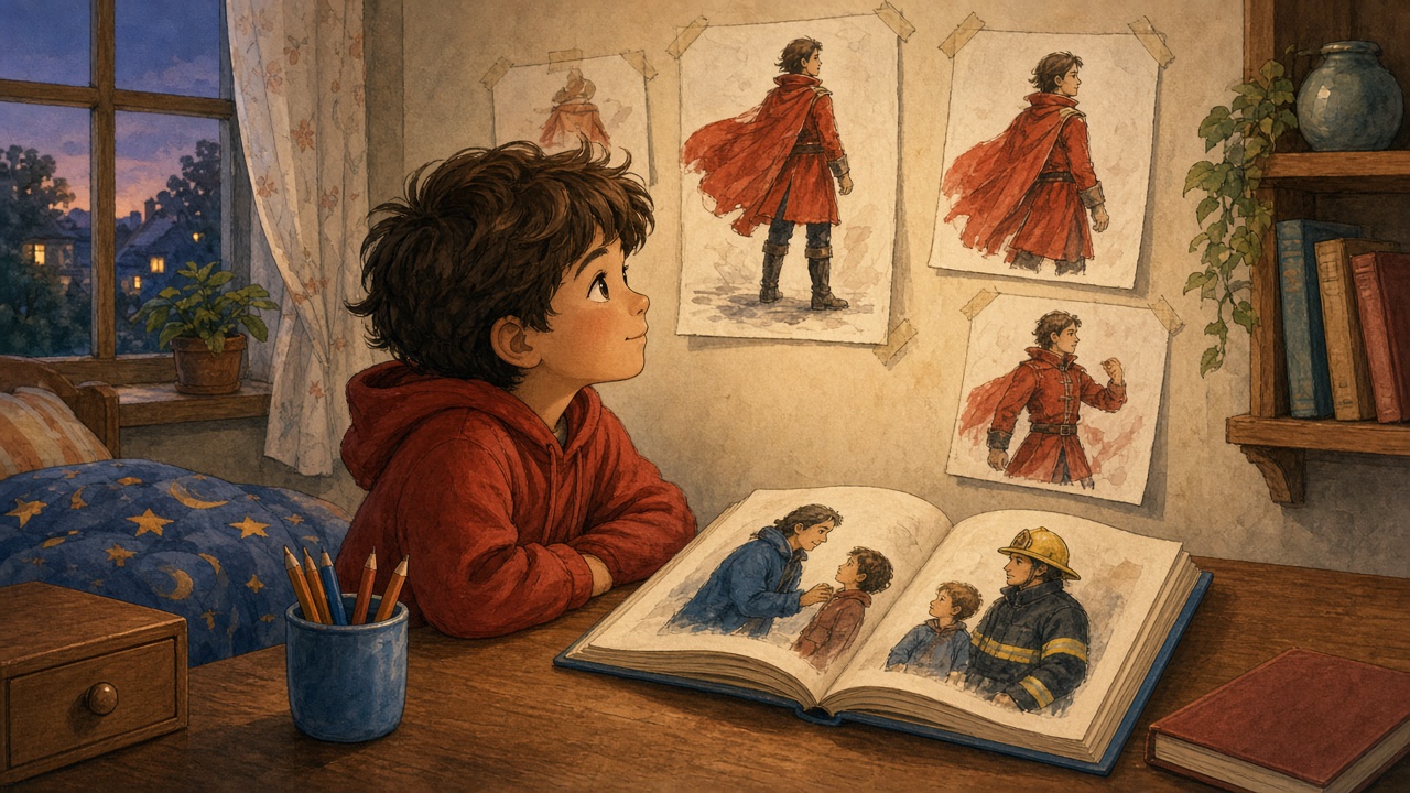 A boy at a bedroom desk draws kind heroes while a picture book and pencils sit nearby.