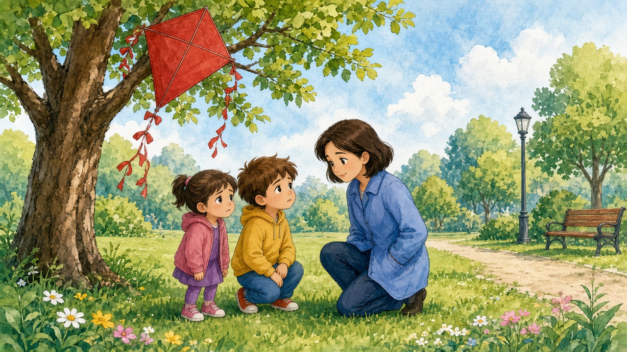 In a park, a kind helper kneels by a boy and his little sister while a red kite is stuck in a tall tree.