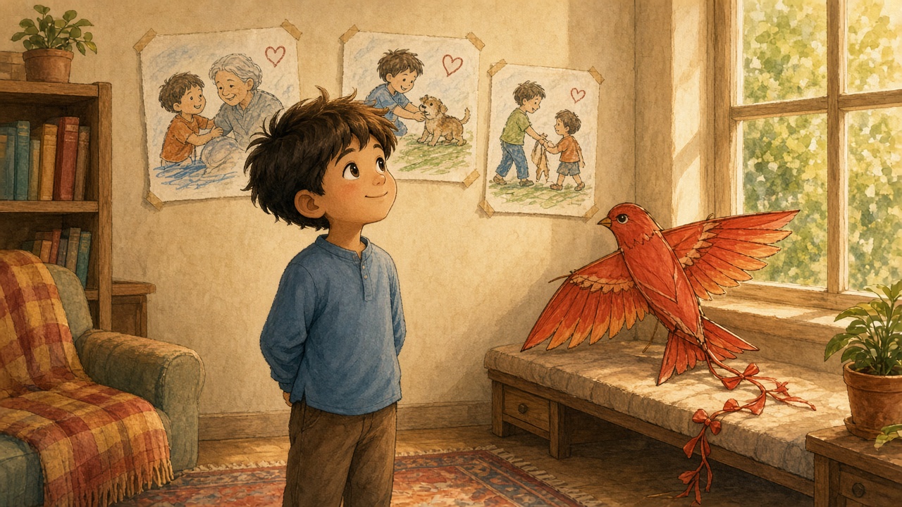 At home, a boy smiles beside a safe red kite and wall drawings about helping people.
