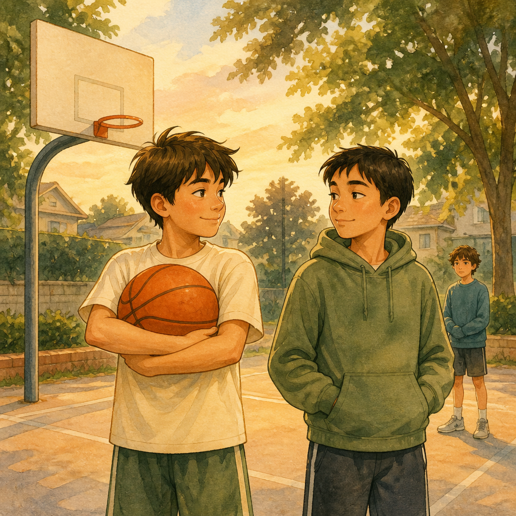 Two kids stand by a neighborhood hoop, one hugging a basketball and one with hands in a hoodie.