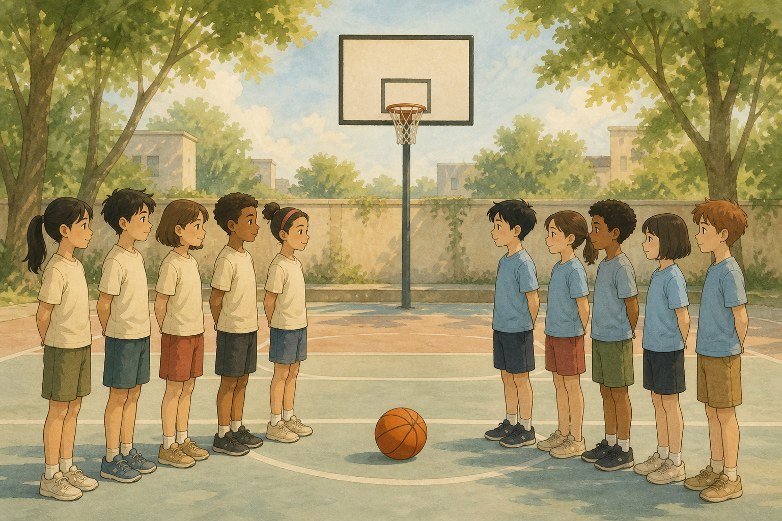 Two teams of kids face each other on a court, with a ball on the ground and a hoop behind them.