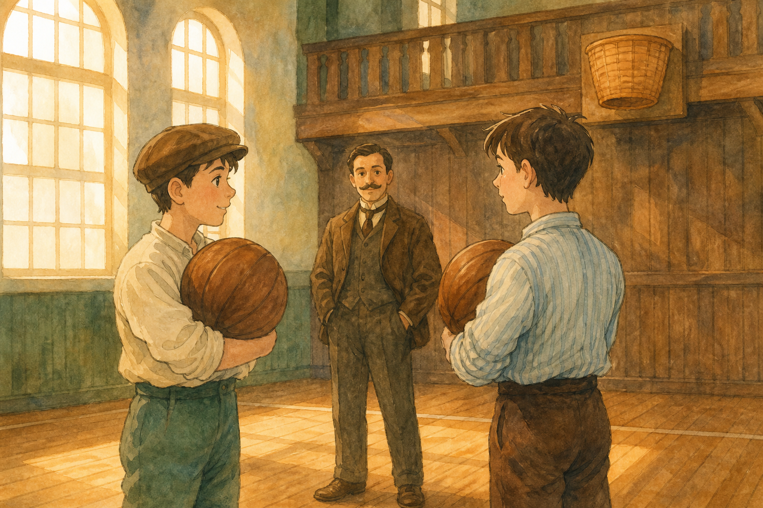 A gym teacher and two youths stand in an old gym under a peach basket.