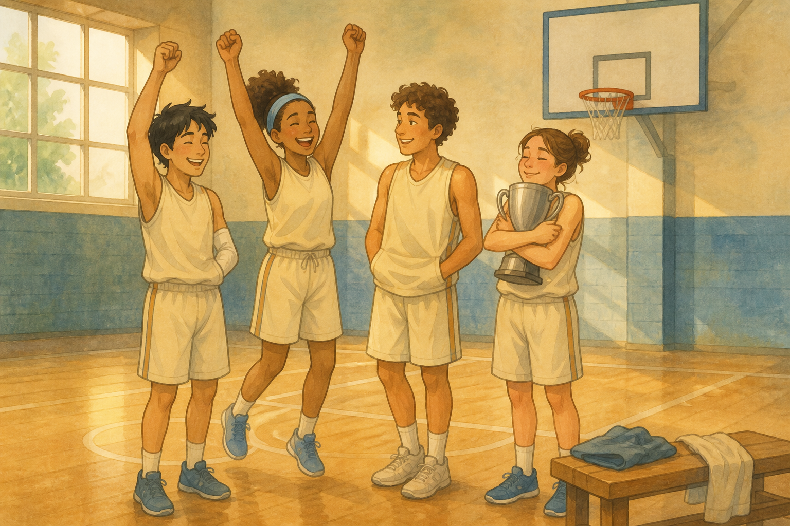 Four players celebrate a win in a gym, one holding a cup beside a hoop.