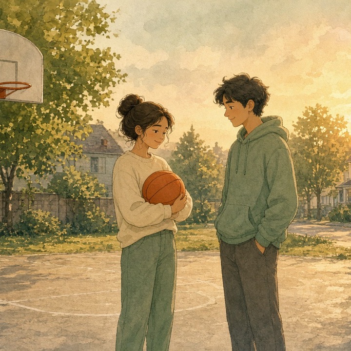 Two young people on a neighborhood basketball court at sunset, one holding a ball, with a plain hoop nearby.