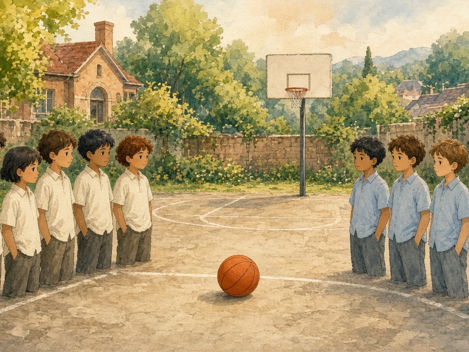 Two school teams face each other on a court with one orange ball between them and a plain hoop behind.