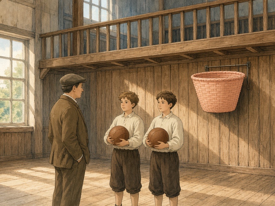 An old wooden gym where a teacher watches two youths with a ball under a peach basket on the wall.