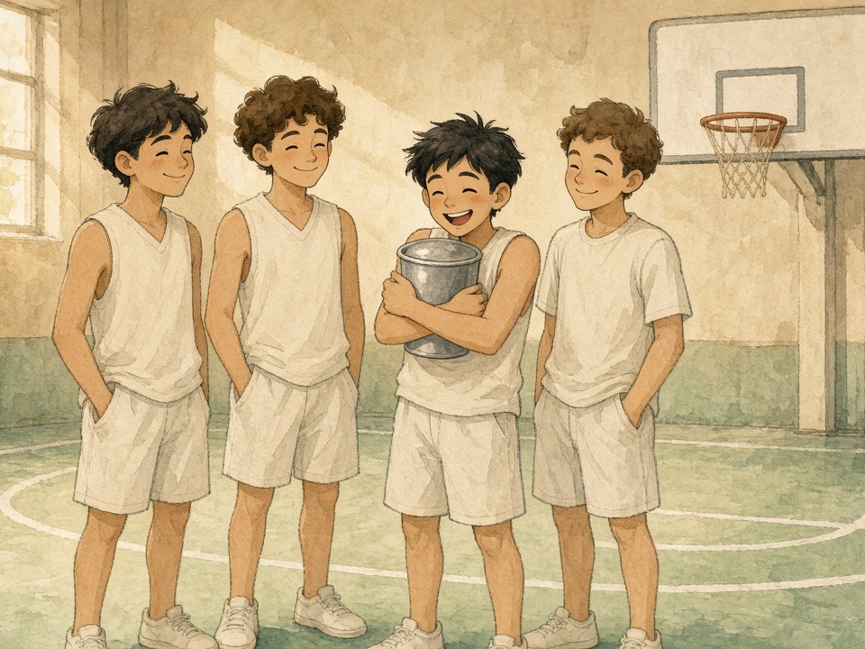 Four teammates celebrate on an indoor court near a plain hoop, one hugging a simple silver trophy bucket.