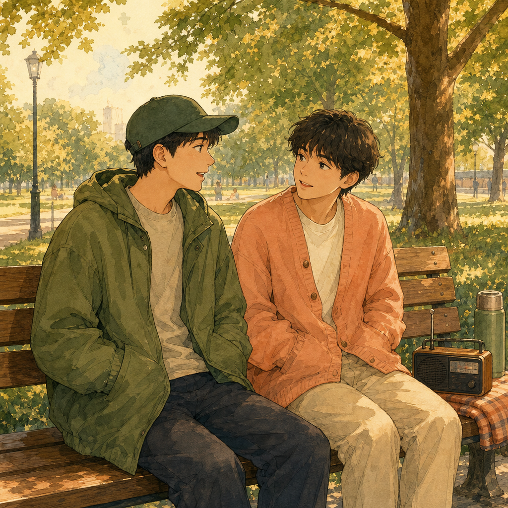 Two friends sit on a park bench talking, hands in pockets, with a small radio and thermos on a checkered cloth.