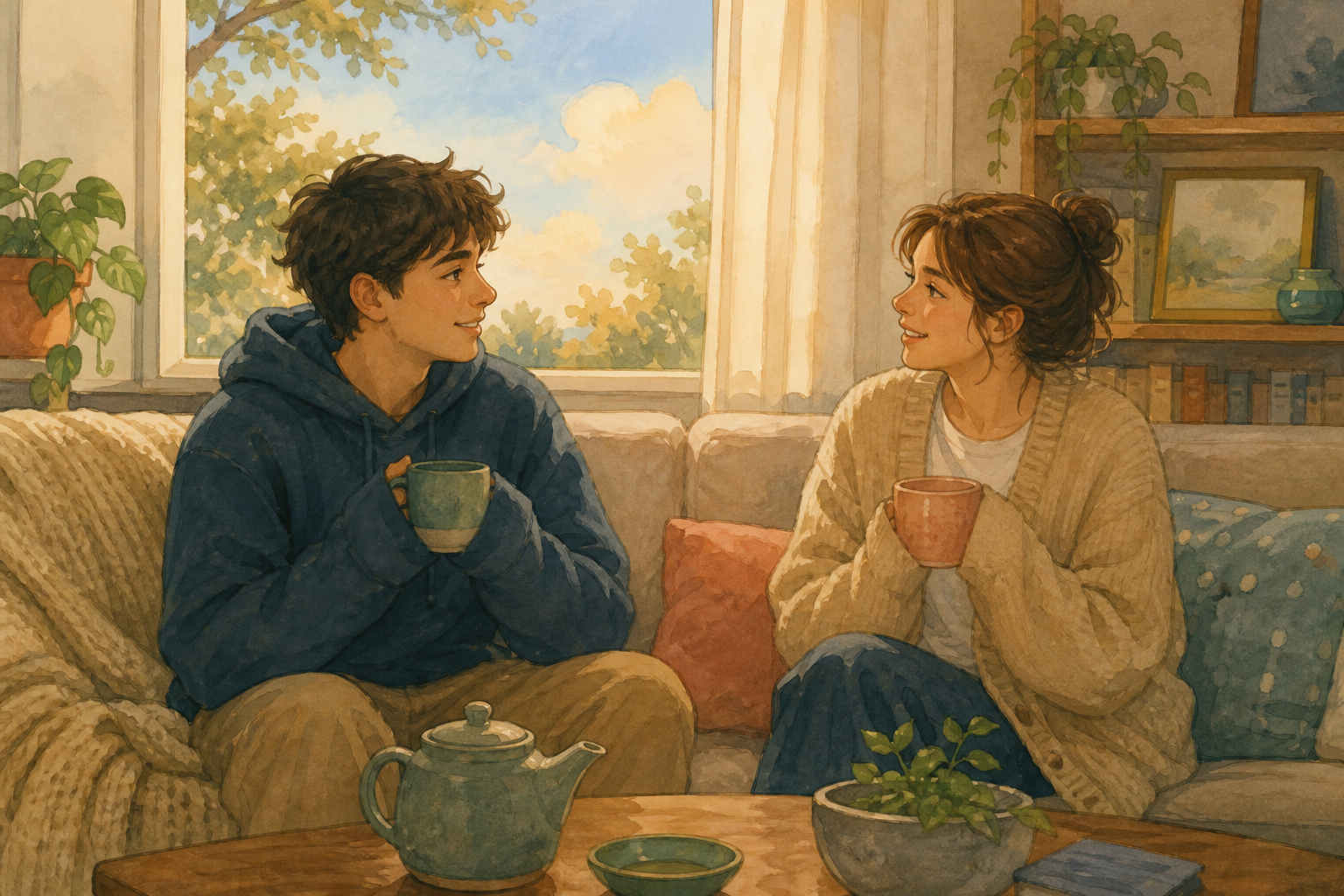 A young man and woman sit on a living-room sofa holding tea mugs and talking beside a sunny window.