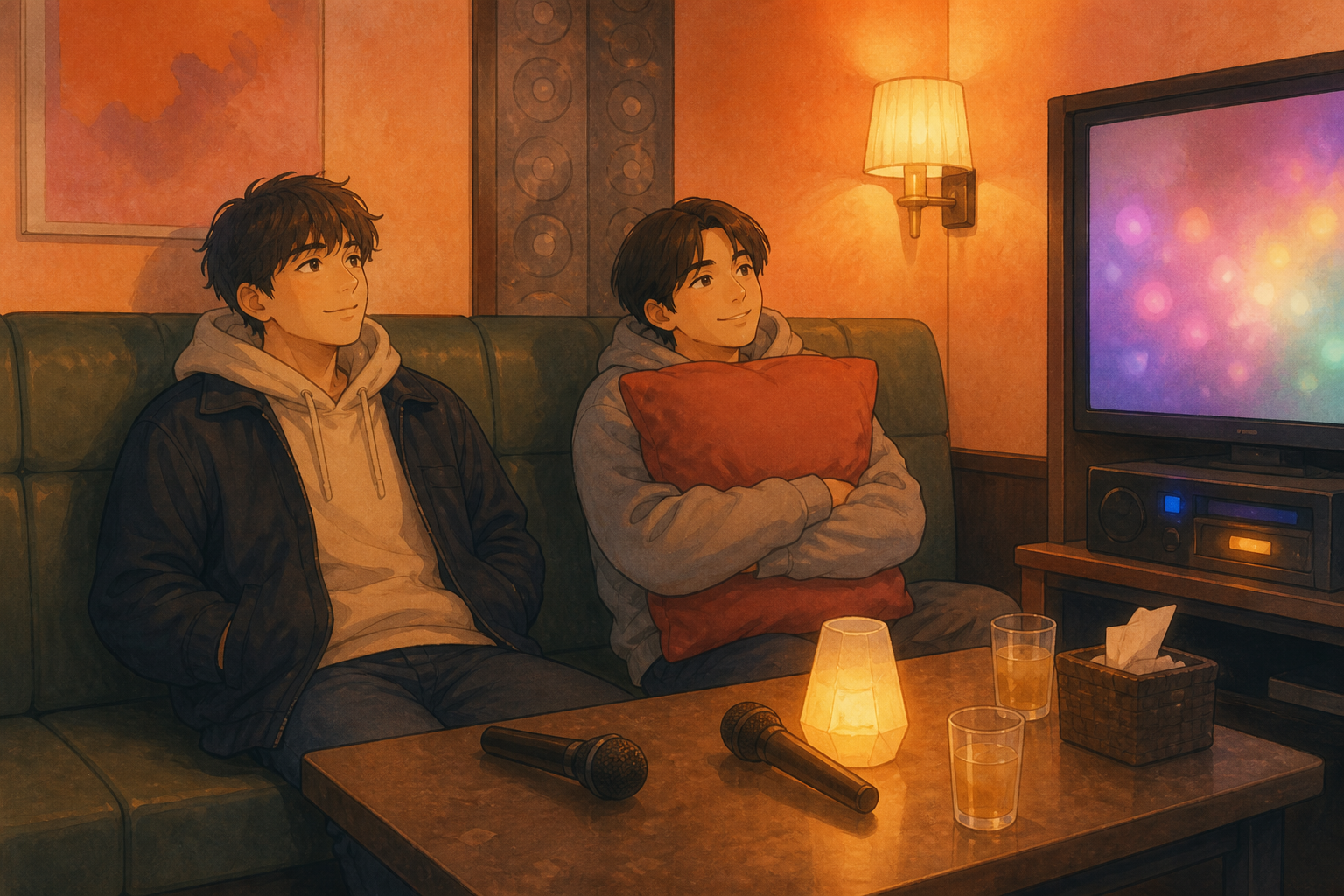 Two friends sit in a small karaoke room with microphones on the table; one hugs a red cushion while a screen glows with colored lights.