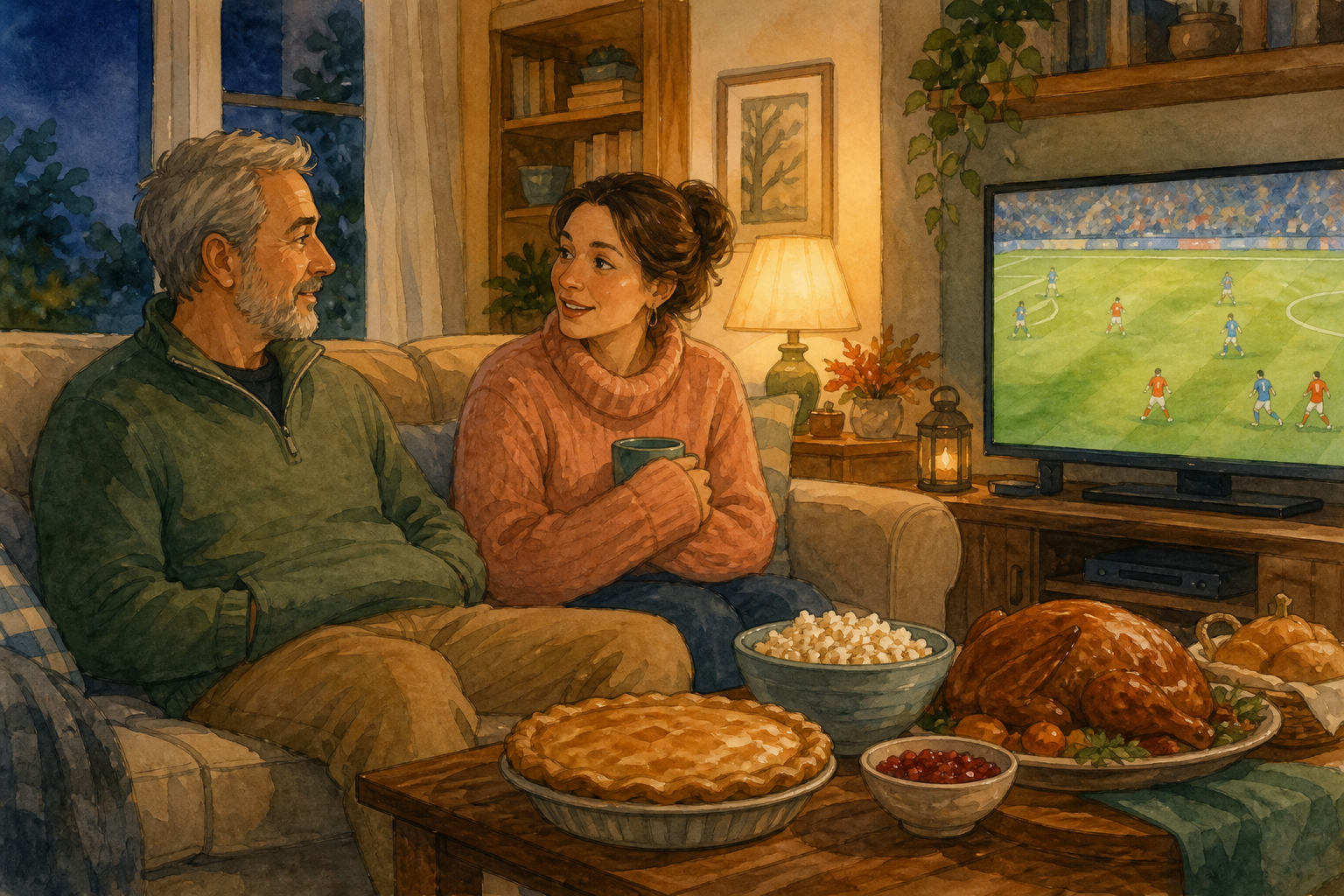 A man and a woman sit on a sofa talking while a football match plays on TV and a pie and roast sit on the coffee table.