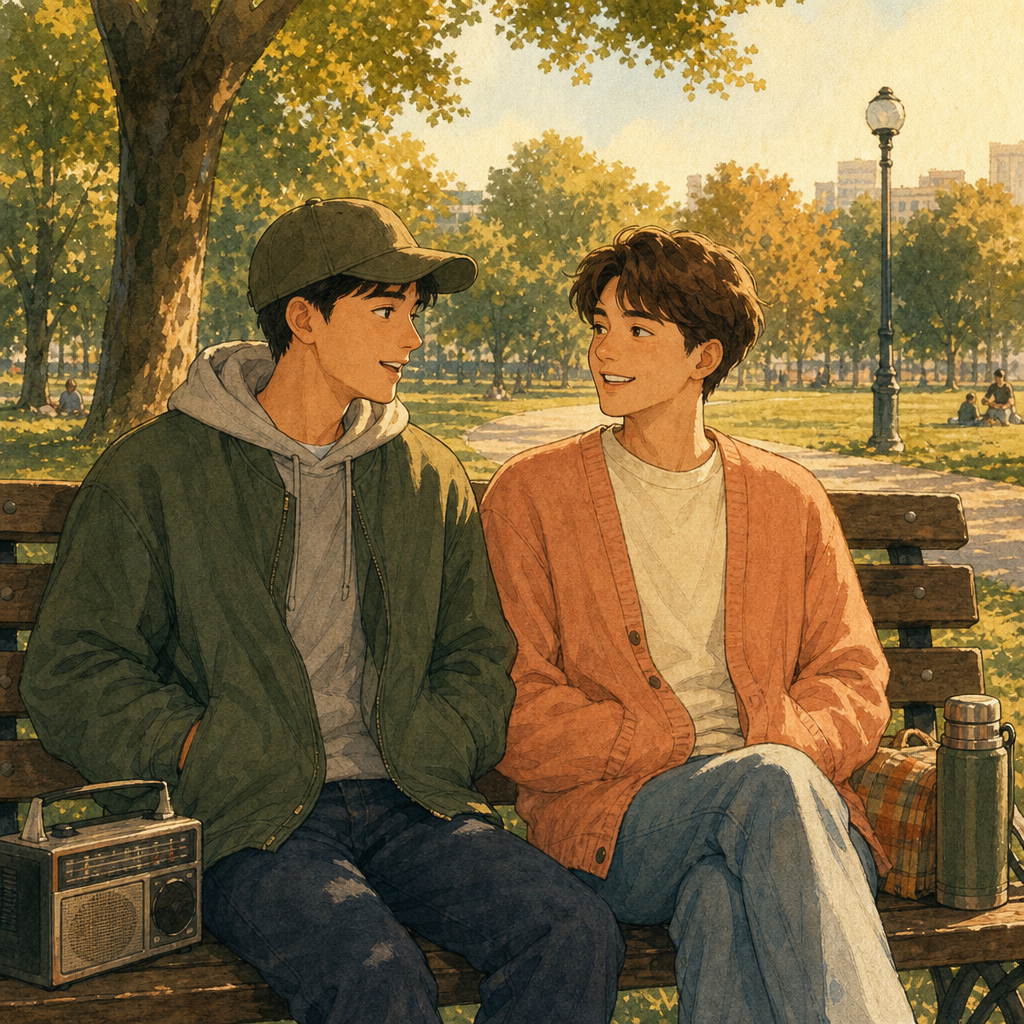 Two friends sit on a park bench talking, hands in pockets, with a radio and thermos beside them.