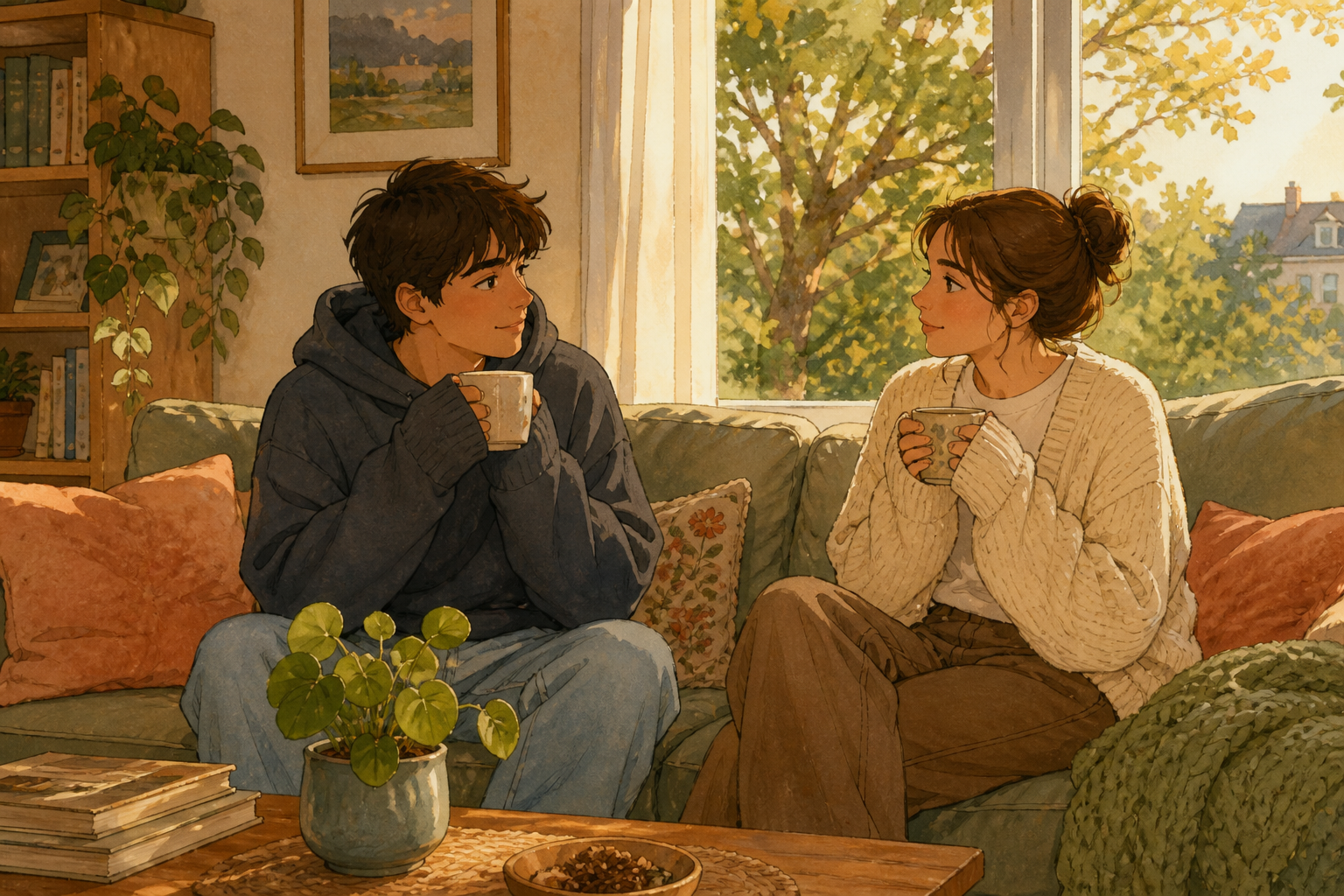 A young man and woman sit on a living-room sofa holding tea mugs and talking beside a sunny window.