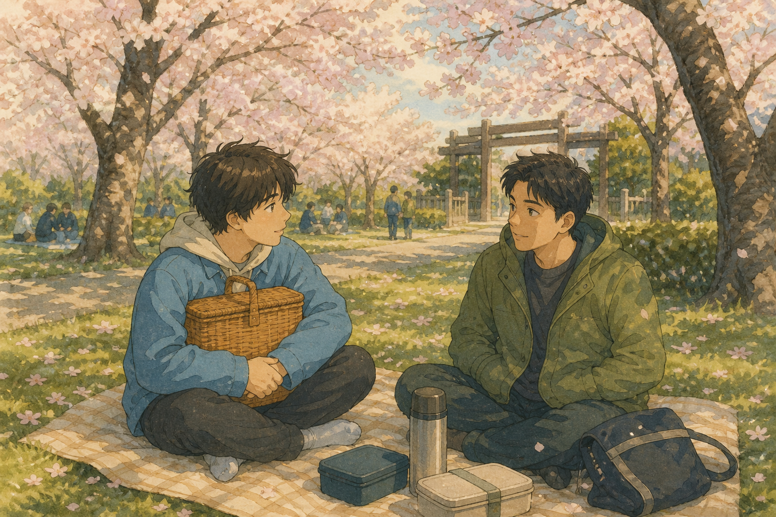 Two friends sit on a picnic blanket under cherry blossoms with bento boxes and a thermos; one hugs a picnic basket.