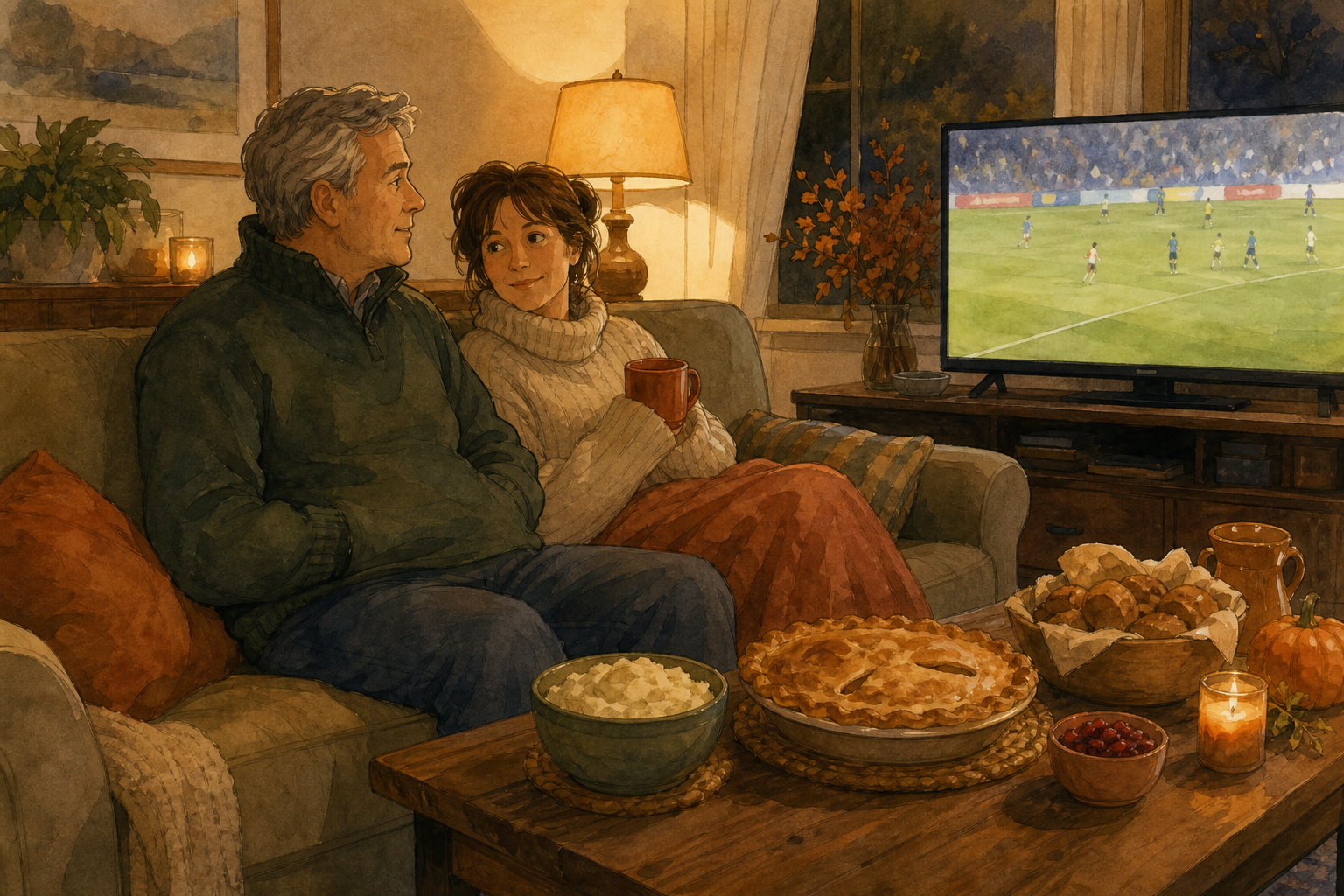A man and a woman sit on a sofa talking while a football match plays on TV and a pie sits on the coffee table.