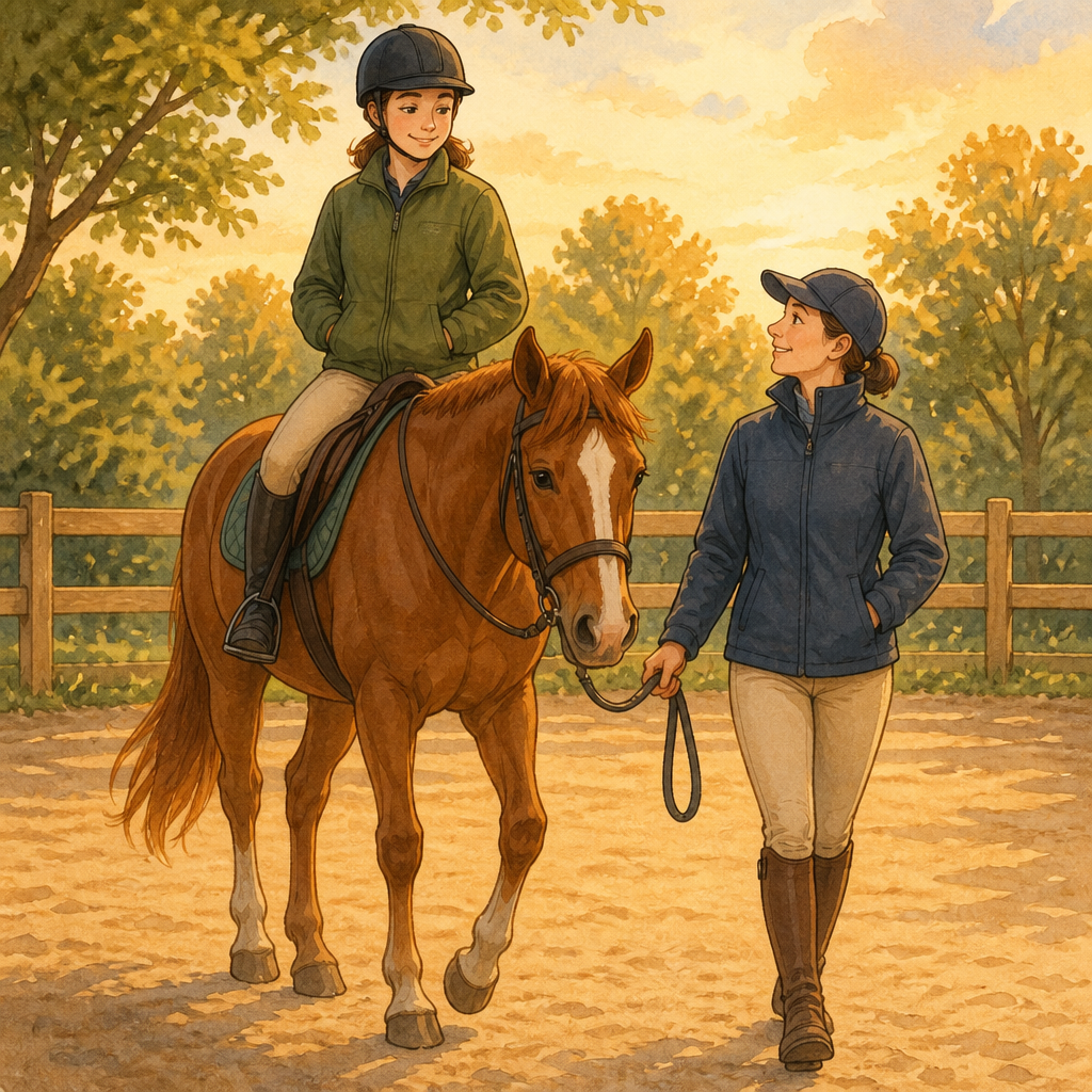 A child in a green jacket and riding helmet sits on a chestnut horse with a white blaze while a teacher in a blue cap walks beside the horse in a sandy arena.