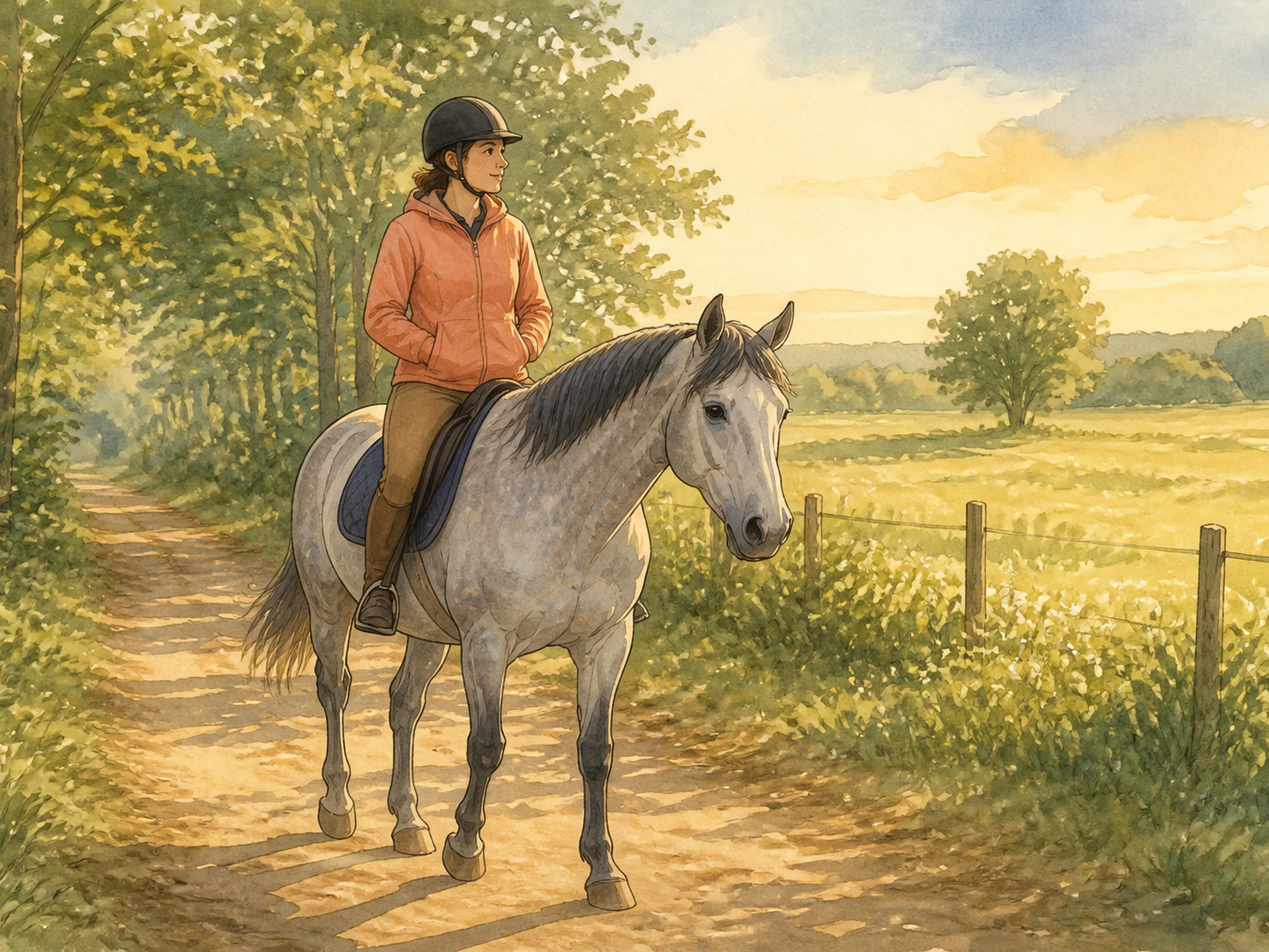 A rider in an orange jacket and black helmet sits on a grey horse walking a dirt countryside path beside a meadow at sunset.