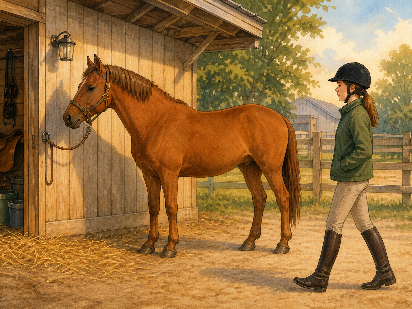 A girl in a riding helmet, green jacket, and tall black boots walks toward a chestnut horse standing beside a wooden stable, approaching from the side.