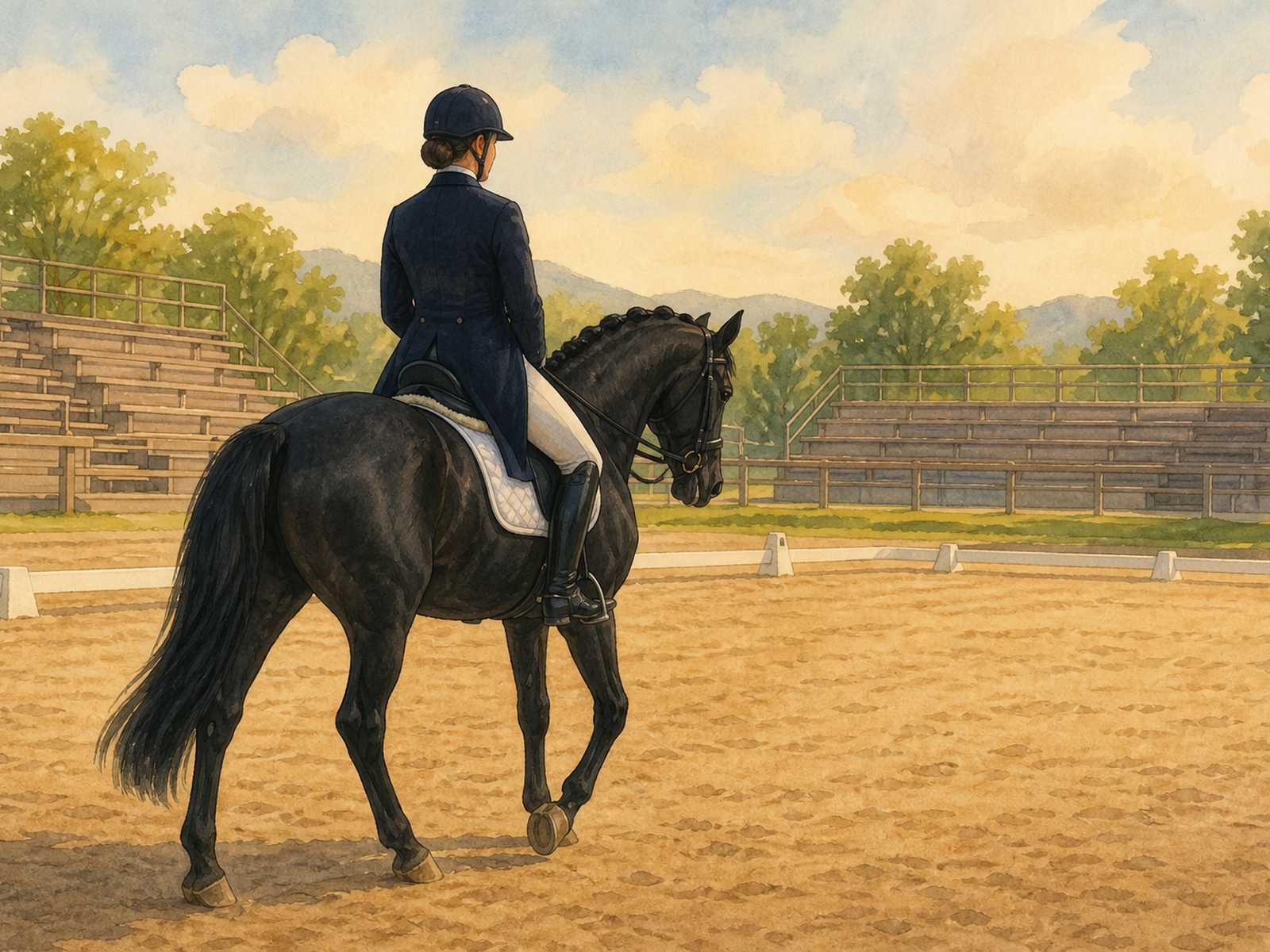 A dressage rider in a dark coat, white breeches, and helmet sits on a black horse with a braided mane walking in a sandy arena before empty wooden stands.