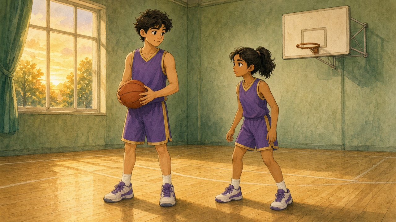 A taller player and a shorter teammate stand together on an indoor court near a plain hoop at sunset, both in plain purple and gold practice clothes.