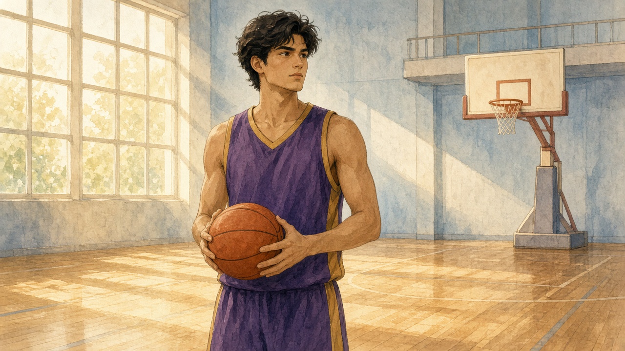 A focused young player in a plain purple and gold practice jersey holds a basketball alone on an empty indoor court.