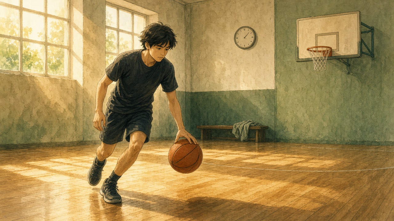 A young player practices alone early in a bright gym, dribbling near a plain hoop with a towel on a bench.