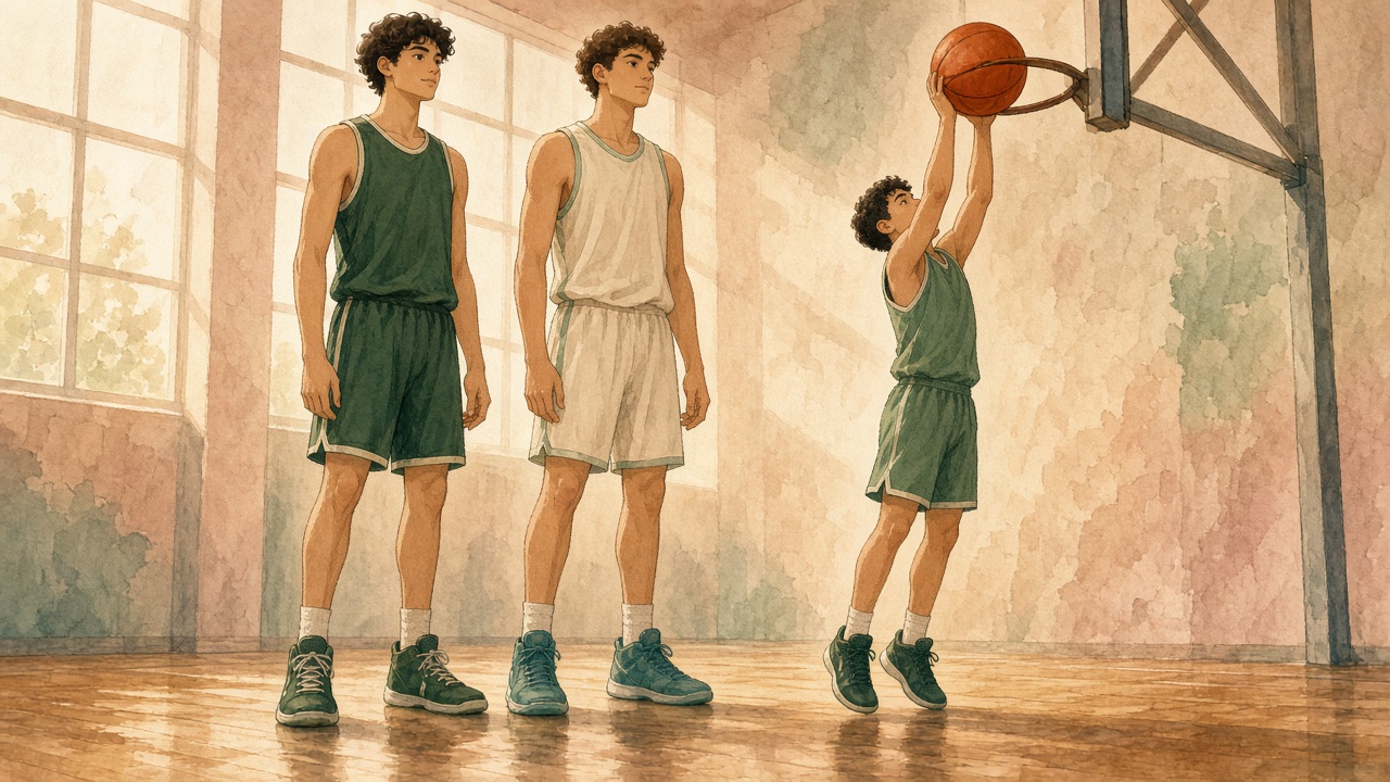 A clearly shorter player dunks toward a plain hoop while two much taller players watch from the side.