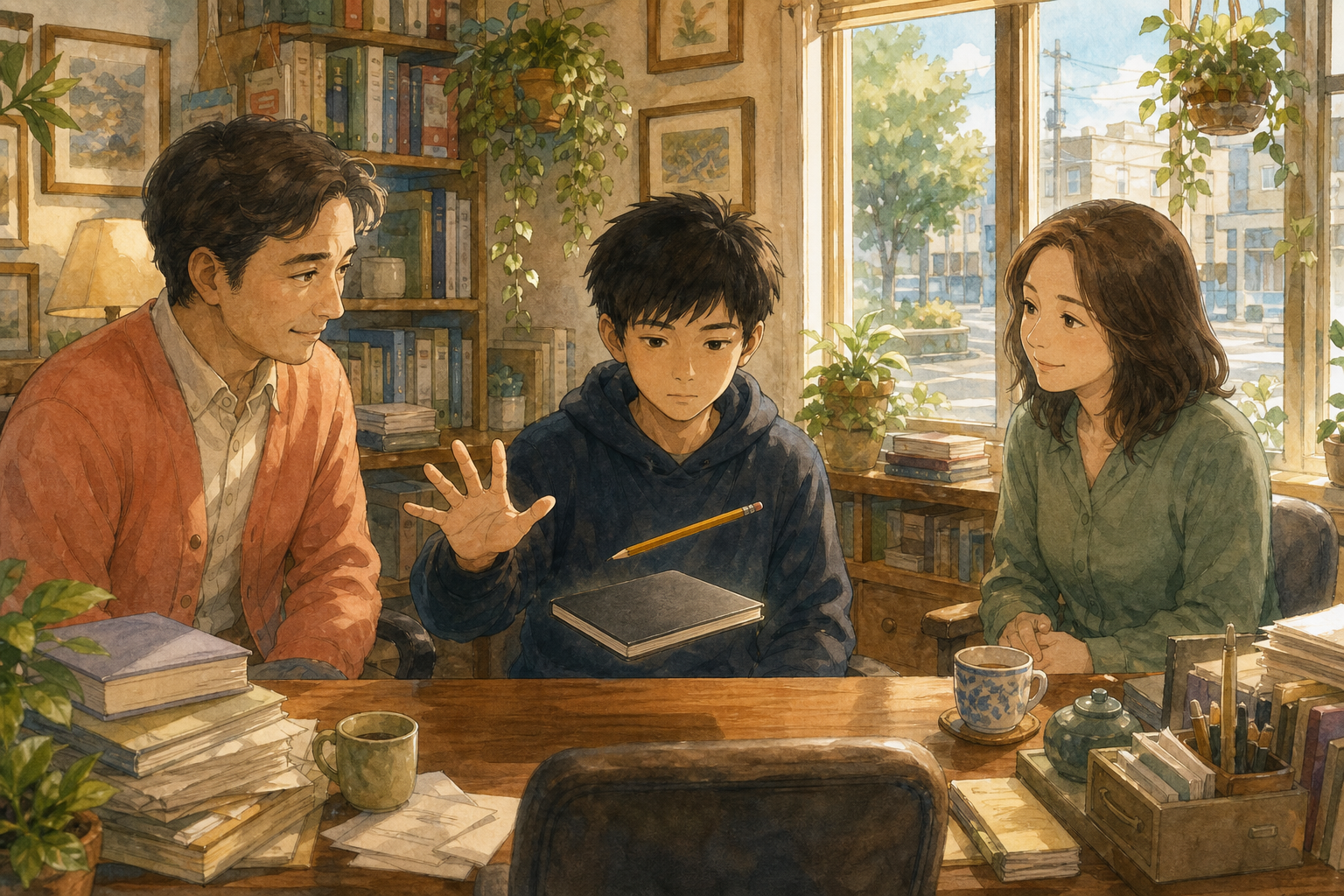 In a sunlit study, a teen in a navy hoodie lifts a hand while a notebook and yellow pencil float, as a mentor in a terracotta cardigan and a woman in a green shirt watch.