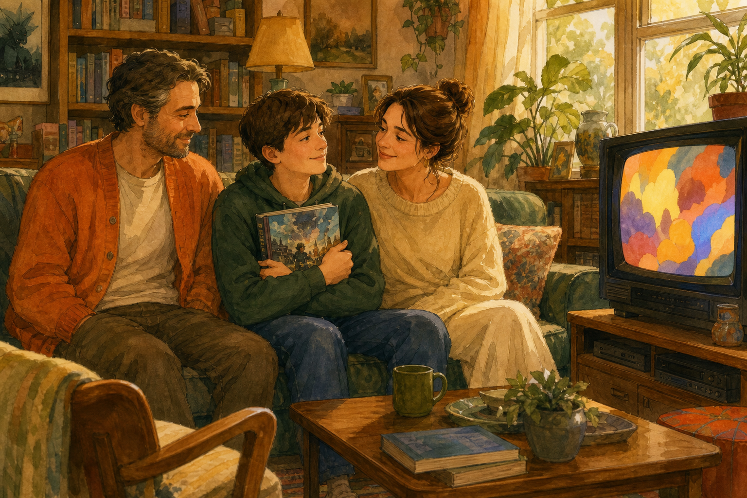 On a green sofa, a teen in a forest-green hoodie holds a book while a mentor in a burnt-orange cardigan and a woman in a cream sweater watch a vintage TV with colorful pictures.
