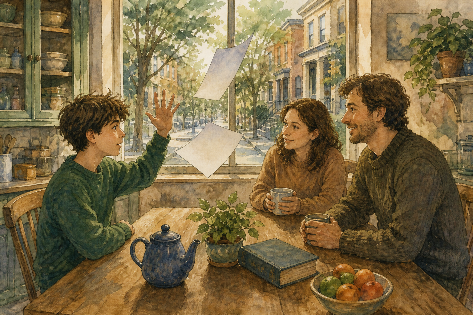 At a wooden kitchen table, a boy in a dark green sweater lifts a hand while two blank papers float, as two adults holding mugs watch kindly.