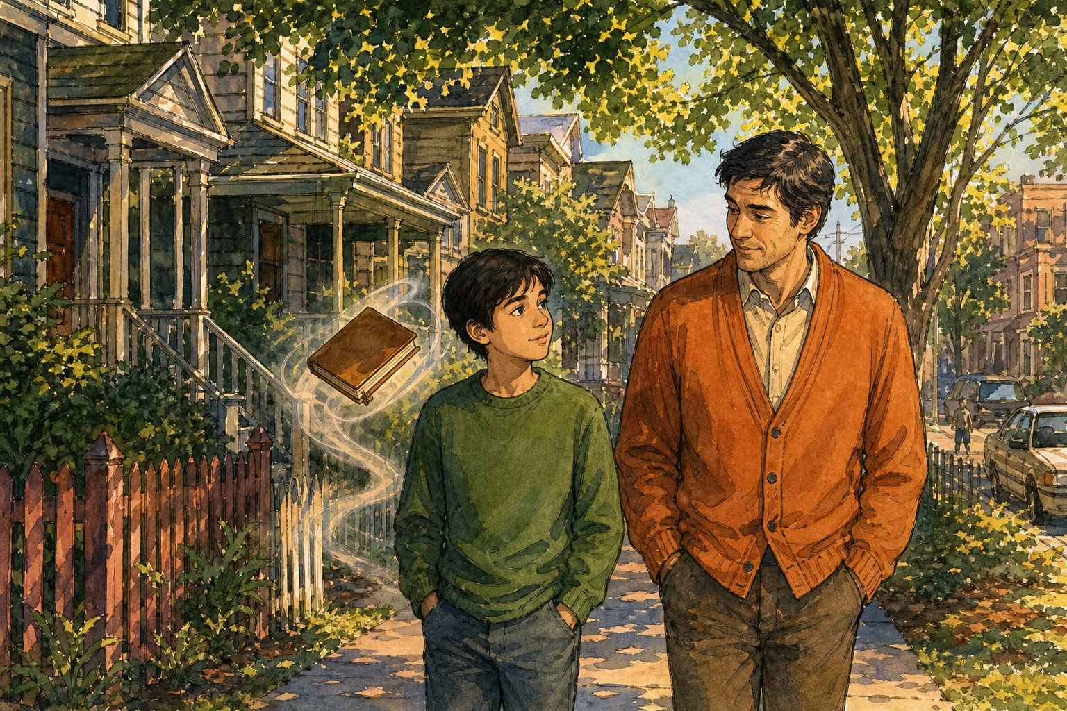 On a leafy suburban sidewalk, a boy in a forest-green sweater walks beside a mentor in a burnt-orange cardigan while a hardcover book floats nearby.