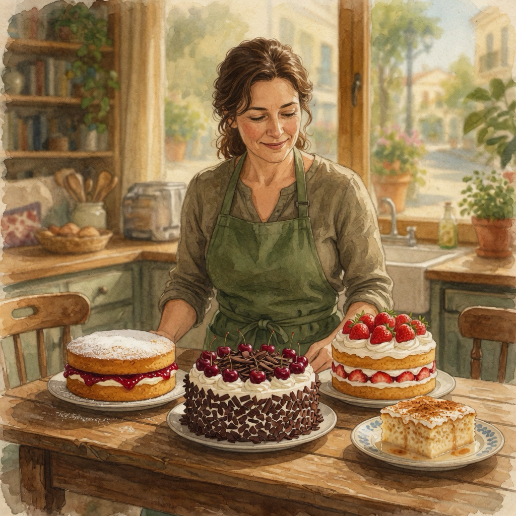 An adult baker in a sunlit lived-in kitchen stands behind four cakes: a jam Victoria sponge, a cherry Black Forest cake, a strawberry cream cake, and a soaked tres leches square.