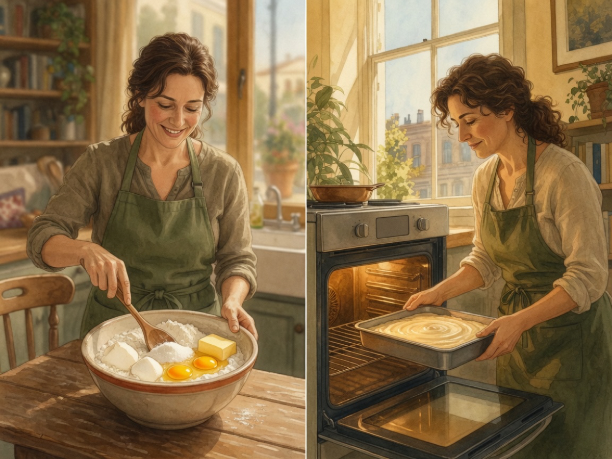 The same baker mixes flour, eggs, sugar, and butter in a bowl, then slides a pan of batter into a glowing oven.