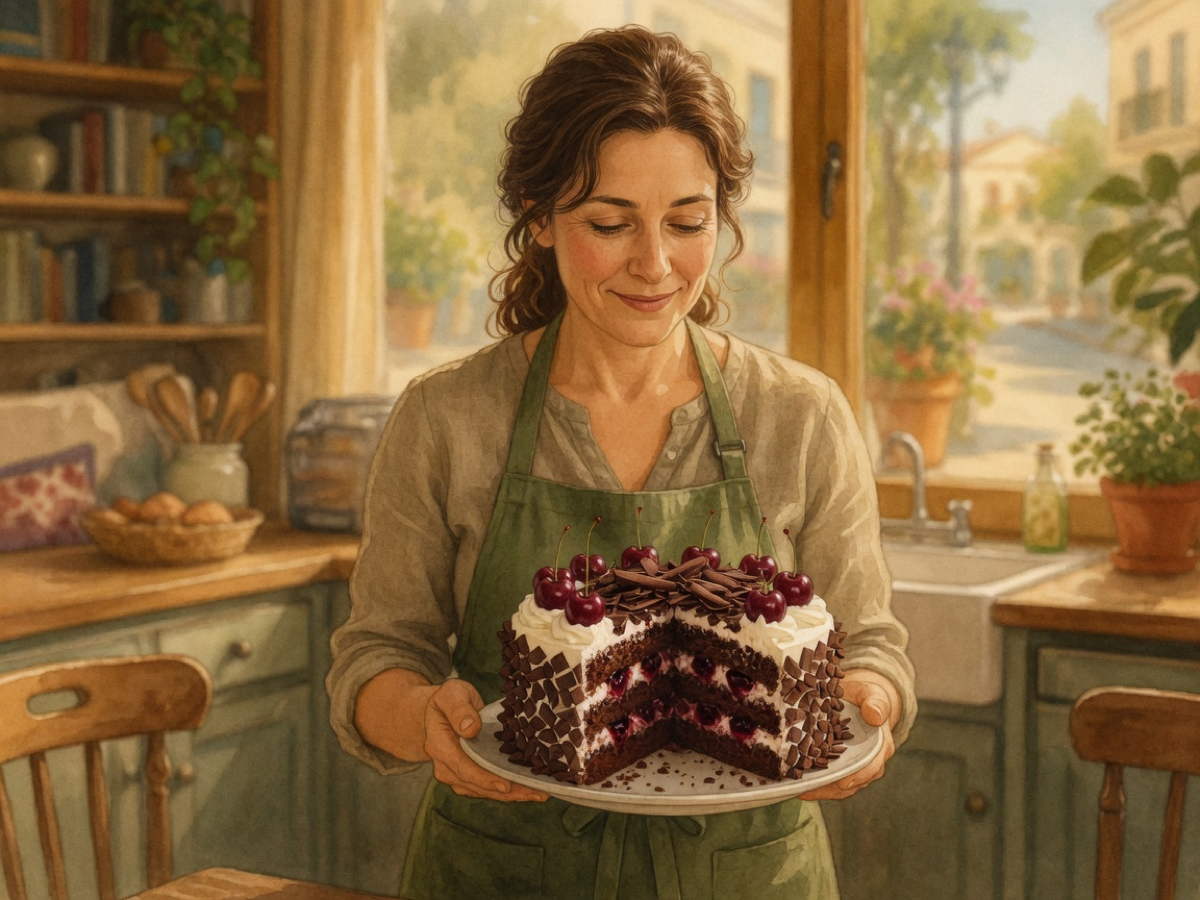 The same baker holds a sliced Black Forest cake showing cocoa layers, cherries, and cream.