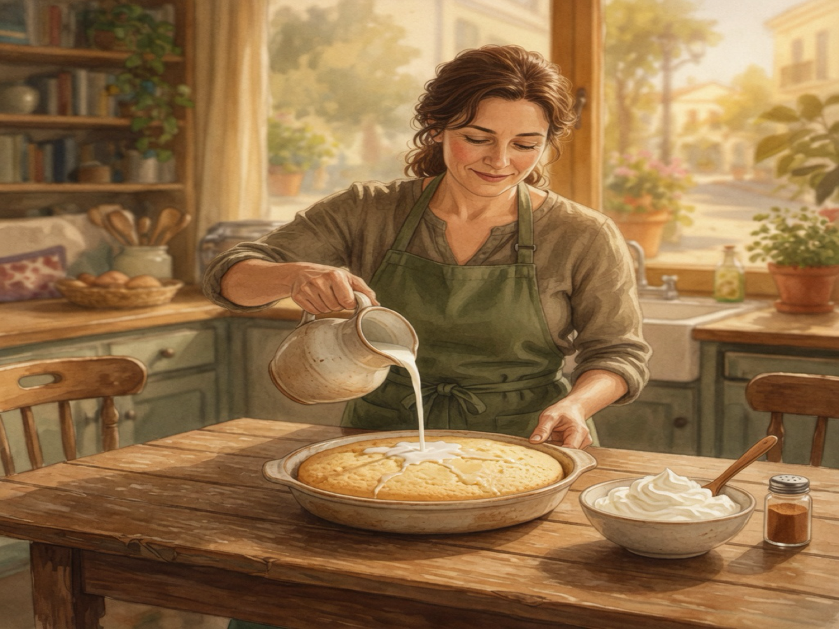 The same baker pours milk over a pale sponge in a dish, with whipped cream and cinnamon beside it.