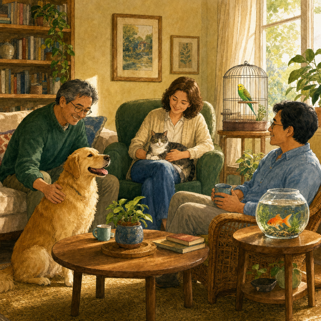 Three adults in a sunlit living room with a dog, a cat on a lap, a goldfish bowl, and a budgie in a cage.