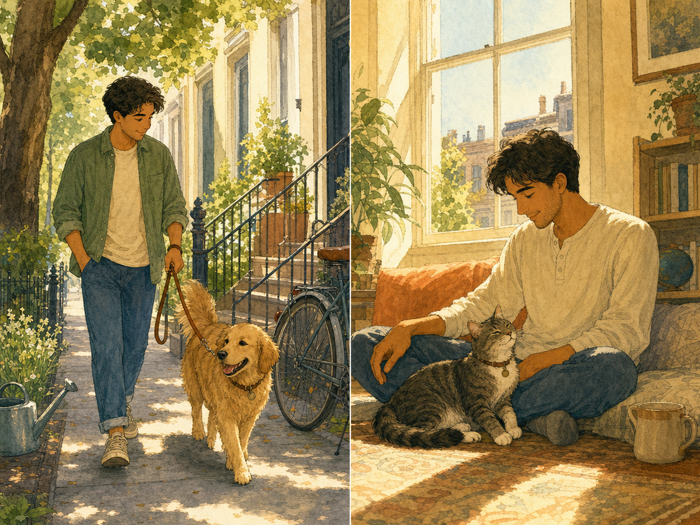 On one side an adult walks a golden dog on a leafy street; on the other the same adult sits indoors stroking a tabby cat by a sunny window.